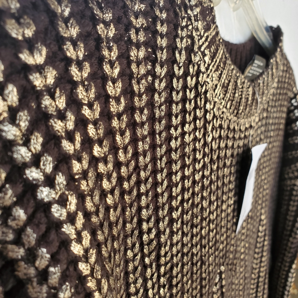 Crop Metallic Gold Black Cable Knit Sweater NWT Size L - Picture 5 of 16